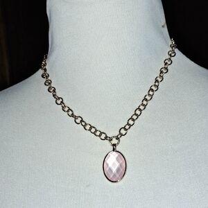 Monet goldtone chain necklace with light pink faceted pendant